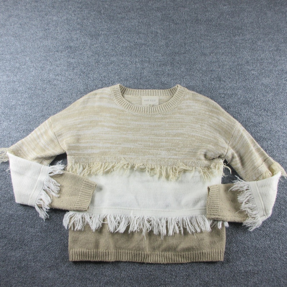 Moon‎ River Sweater Womens S Beige Fringe Striped Long Sleeve Knit Pullover